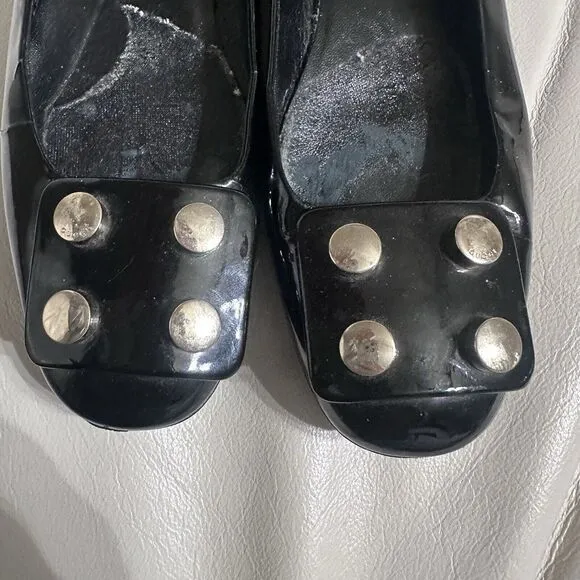 Authentic GUCCI Black Embellished Patent Leather Block Heels Shoes Sz 37 EUC