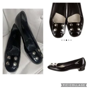 Authentic GUCCI Black Embellished Patent Leather Block Heels Shoes Sz 37 EUC