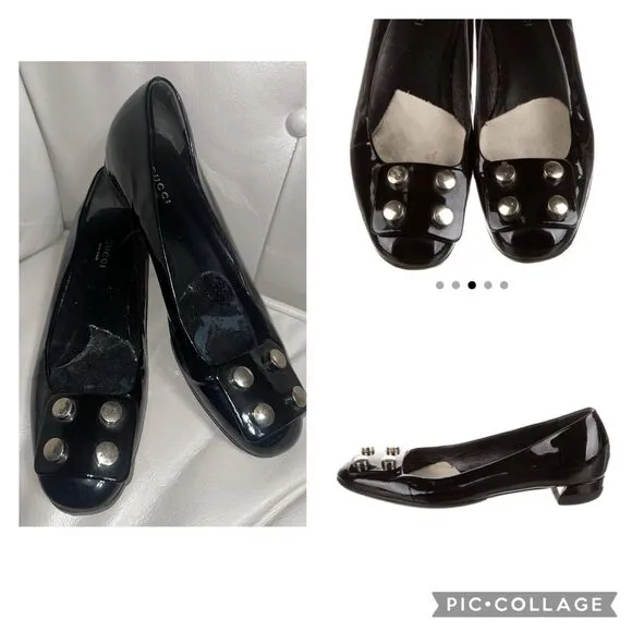 Authentic GUCCI Black Embellished Patent Leather Block Heels Shoes Sz 37 EUC