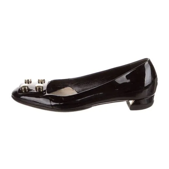 Authentic GUCCI Black Embellished Patent Leather Block Heels Shoes Sz 37 EUC
