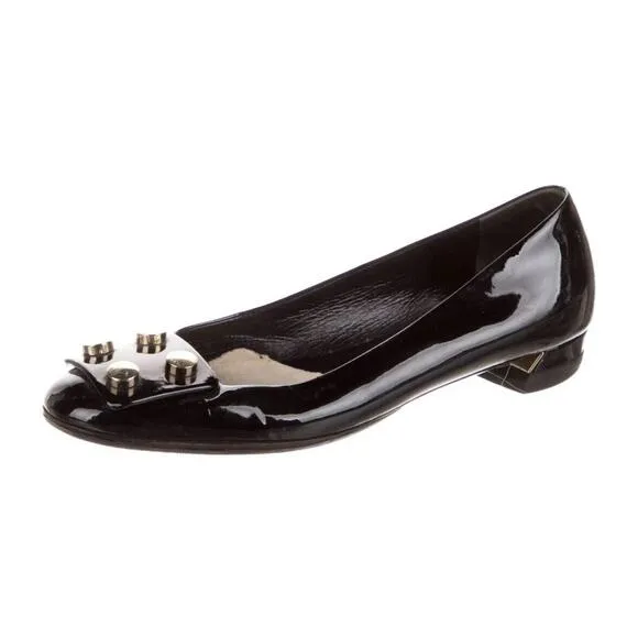 Authentic GUCCI Black Embellished Patent Leather Block Heels Shoes Sz 37 EUC