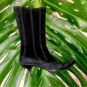 AVITTO Italian made black suede kitten heel mid-calf zip boots contrast stitch