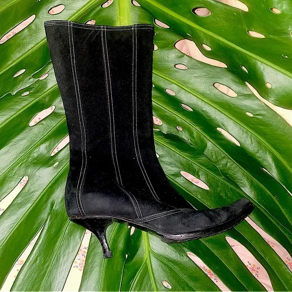 AVITTO Italian made black suede kitten heel mid-calf zip boots contrast stitch