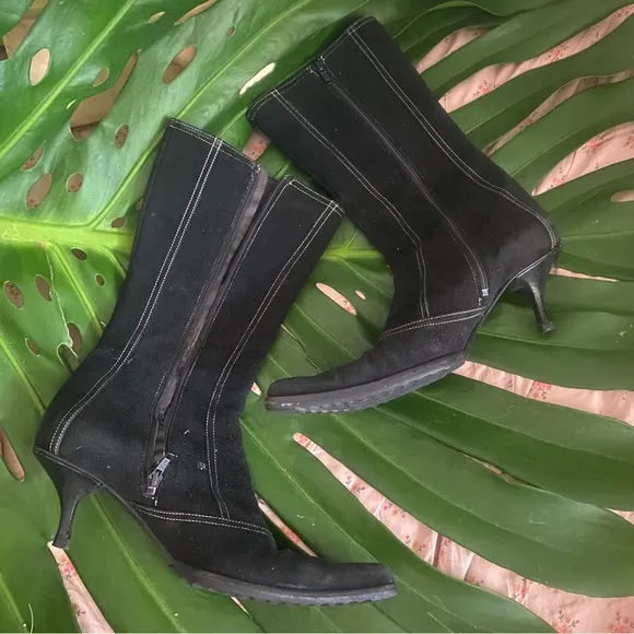 AVITTO Italian made black suede kitten heel mid-calf zip boots contrast stitch