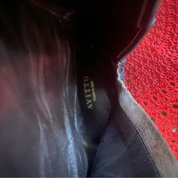 AVITTO Italian made black suede kitten heel mid-calf zip boots contrast stitch
