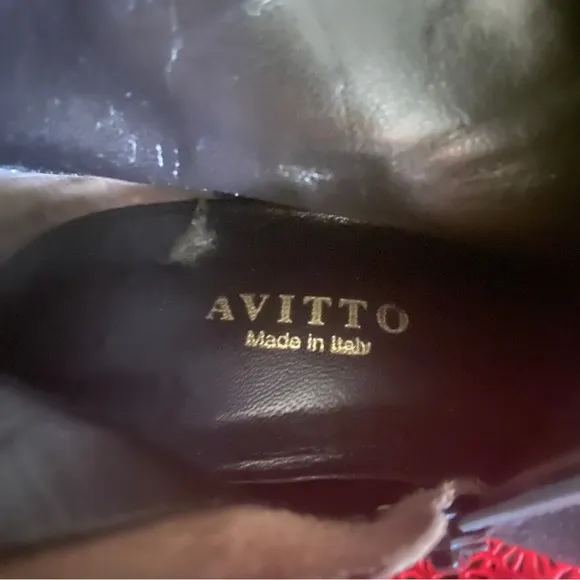 AVITTO Italian made black suede kitten heel mid-calf zip boots contrast stitch