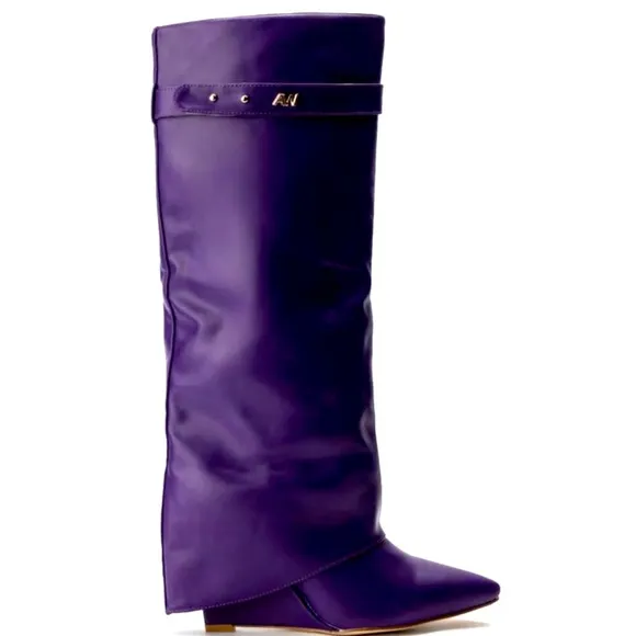 Azalea Wang Purple Vegan Leather Fold Over Wedge Boots