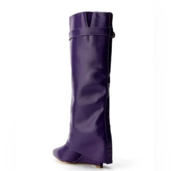 Azalea Wang Purple Vegan Leather Fold Over Wedge Boots