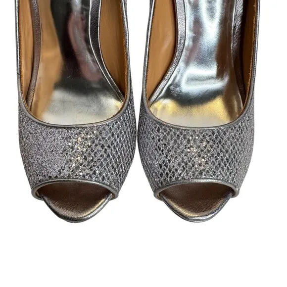 Badgley Mischka Silver Metallic Peep-Toe Platform Heels Evening Shoes - Size 8
