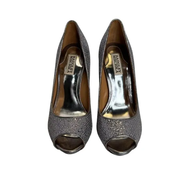 Badgley Mischka Silver Metallic Peep-Toe Platform Heels Evening Shoes - Size 8