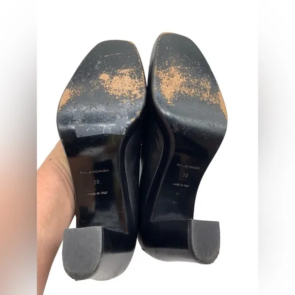 Balenciaga Black Leather Square Toe Block Heel Classic Pump Size 38 EU/ 8 US