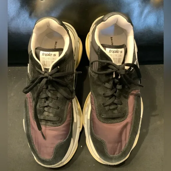 Balenciaga Black/Burgundy Suede and Nylon Triple S Sneakers