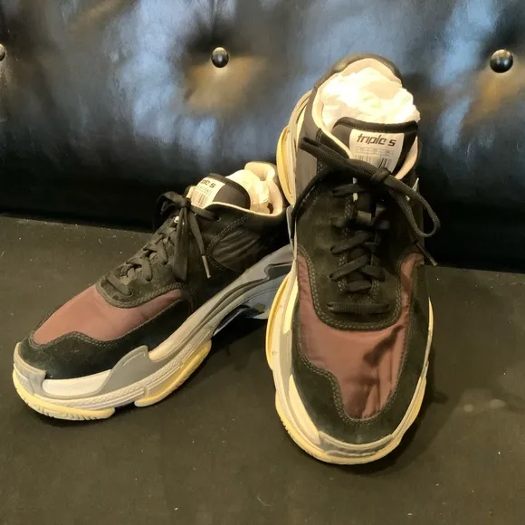 Balenciaga Black/Burgundy Suede and Nylon Triple S Sneakers