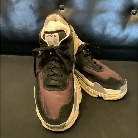 Balenciaga Black/Burgundy Suede and Nylon Triple S Sneakers