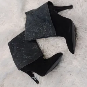 BCBG EARLA BLACK LEATHER SPARKLE LEATHER FOLD DOWN BOOTS SIZE 6.5