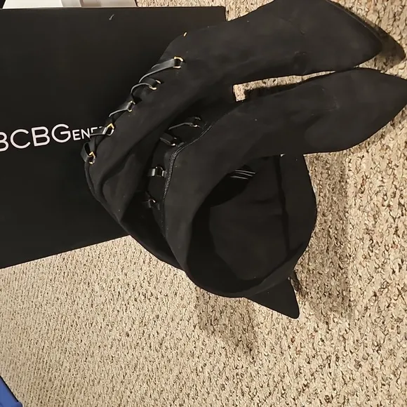 BCBGeneration Black Suede Corseted BC-EVA stretch Boots,  Size 7..excellent cond