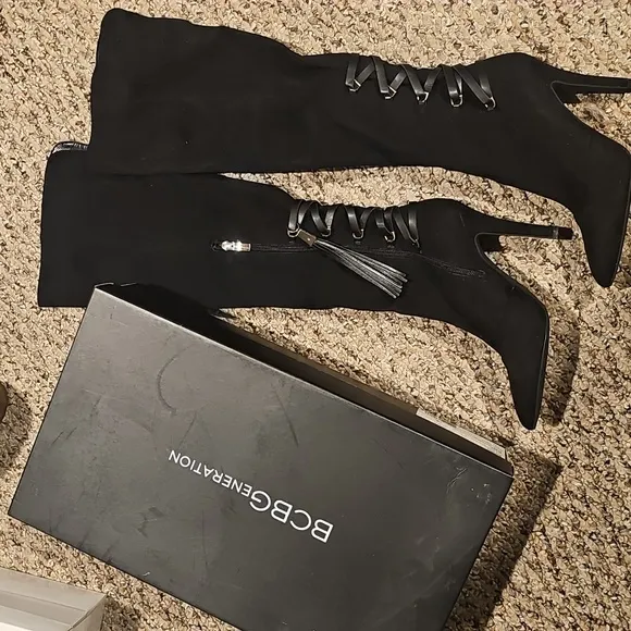 BCBGeneration Black Suede Corseted BC-EVA stretch Boots,  Size 7..excellent cond