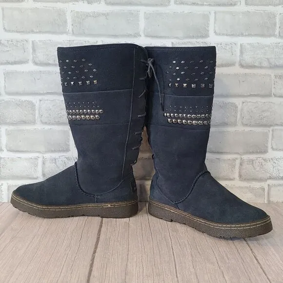 Bearpaw Winter Suede Snow Boots 8 Blue Lace Up back Insulated Silverthorne NOWT