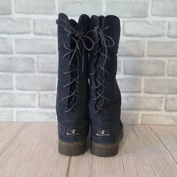 Bearpaw Winter Suede Snow Boots 8 Blue Lace Up back Insulated Silverthorne NOWT