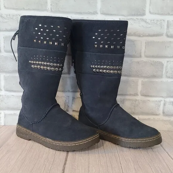Bearpaw Winter Suede Snow Boots 8 Blue Lace Up back Insulated Silverthorne NOWT