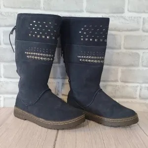 Bearpaw Winter Suede Snow Boots 8 Blue Lace Up back Insulated Silverthorne NOWT