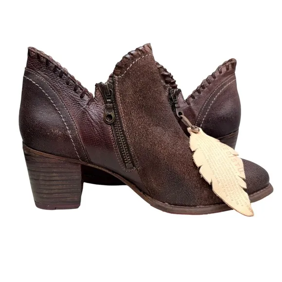 Bed Stu Women Ankle Carla Boots Brown Leather Whipstitch Trim Block Heel Sz 11
