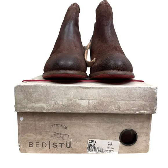 Bed Stu Women Ankle Carla Boots Brown Leather Whipstitch Trim Block Heel Sz 11