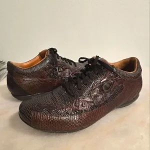 Belvedere Corona Genuine Crocodile &amp; Lizard Brown Leather Eye Sneakers Shoes 10