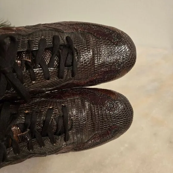 Belvedere Corona Genuine Crocodile &amp; Lizard Brown Leather Eye Sneakers Shoes 10