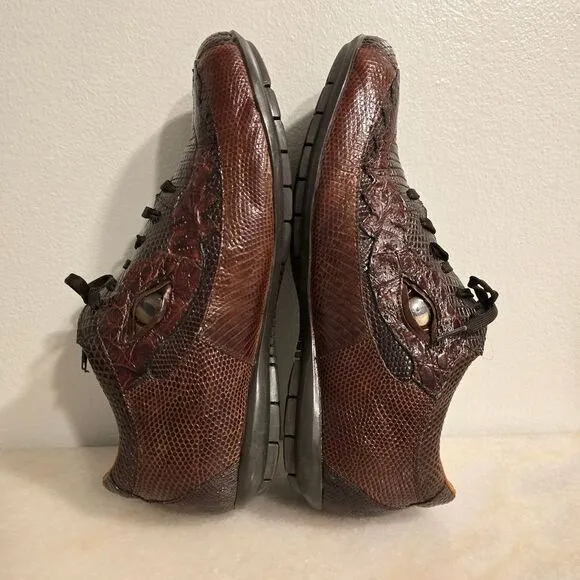 Belvedere Corona Genuine Crocodile &amp; Lizard Brown Leather Eye Sneakers Shoes 10