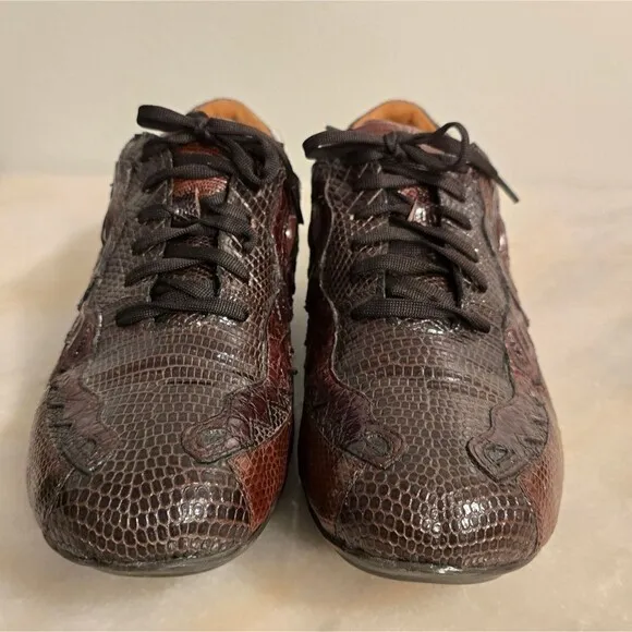 Belvedere Corona Genuine Crocodile &amp; Lizard Brown Leather Eye Sneakers Shoes 10