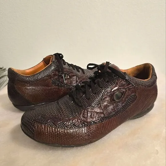 Belvedere Corona Genuine Crocodile &amp; Lizard Brown Leather Eye Sneakers Shoes 10
