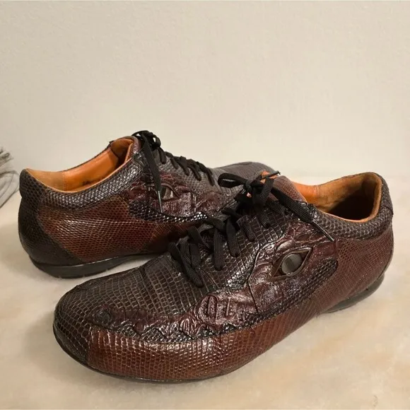 Belvedere Corona Genuine Crocodile &amp; Lizard Brown Leather Eye Sneakers Shoes 10