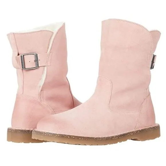 Birkenstock Uppsala Shearling BOOTS Size 38 7 Suede Leather Soft Pink NEW