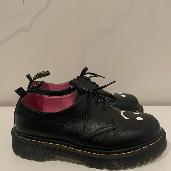Black Leather Dr Marten Shoes with Smiley Design