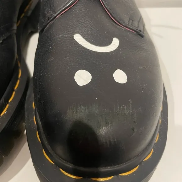 Black Leather Dr Marten Shoes with Smiley Design