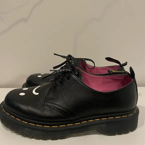 Black Leather Dr Marten Shoes with Smiley Design