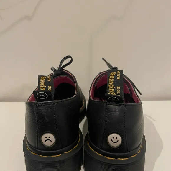 Black Leather Dr Marten Shoes with Smiley Design