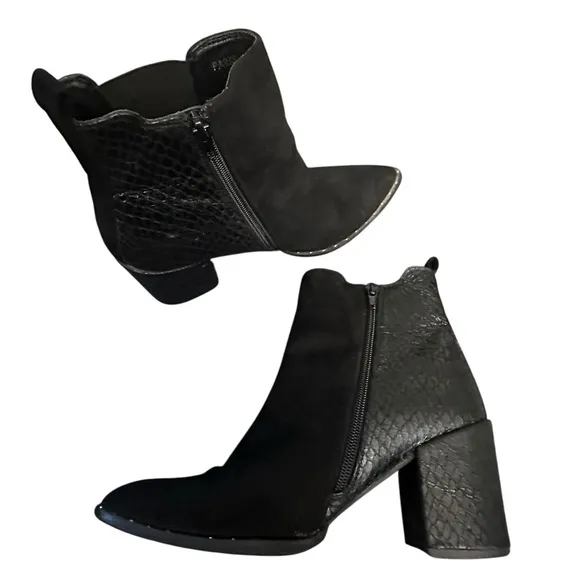 Black Suede Faux Alligator Heel Boots Booties 7.5