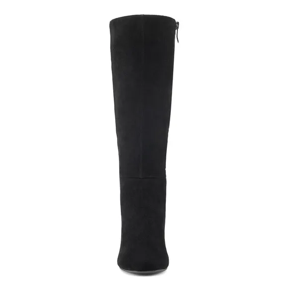 Black suede knee high heeled boots. SZ 9.5. New in box
