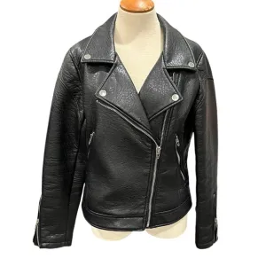 BLANK NYC FAUX LEATHER BLACK MOTO JACKET HEAVY WEIGHT FUR COLLAR WINTER COAT