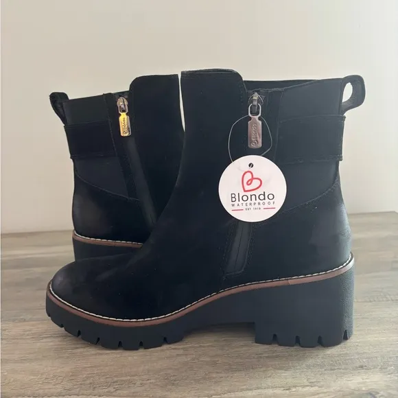 Blondo Dahlia Boot Black Leather Suede Waterproof Chelsea Booties size 8 new