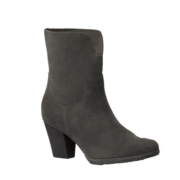 Blondo Fay notched front heeled gray suede slip-on ankle boots size 8 waterproof