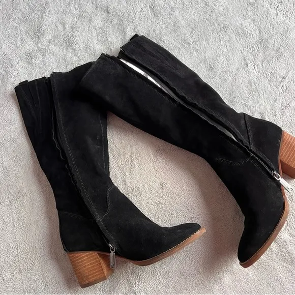 Blondo Nikki Waterproof Suede Knee High Block Heel Tall Boot Black Sz 7