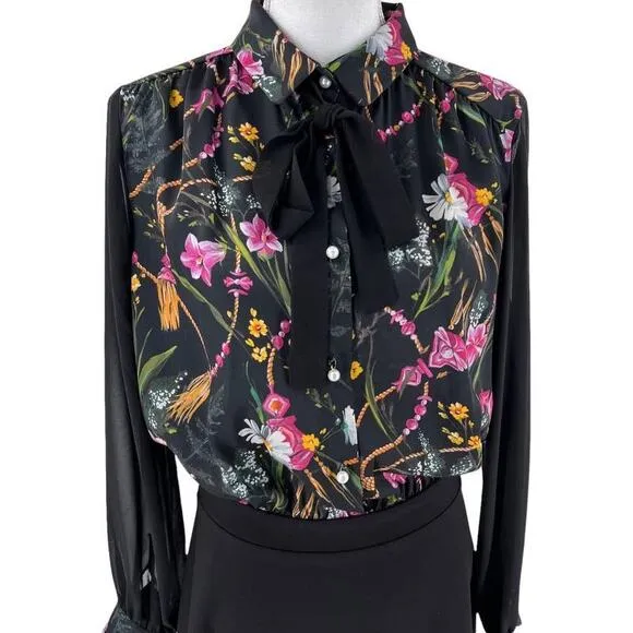 BLUGIRL Folies Italy Dress Floral Black Bow Pearl Women Size XL NWT $495