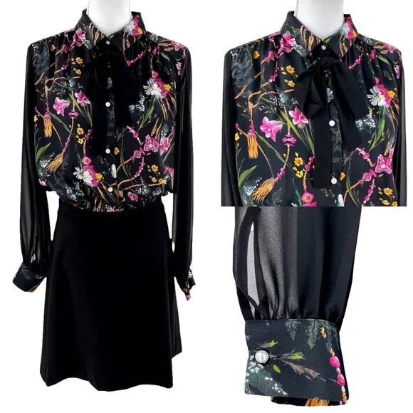 BLUGIRL Folies Italy Dress Floral Black Bow Pearl Women Size XL NWT $495