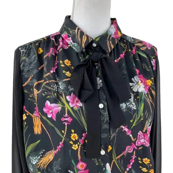 BLUGIRL Folies Italy Dress Floral Black Bow Pearl Women Size XL NWT $495