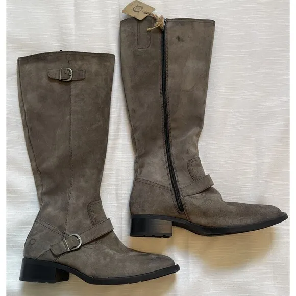 BORN Chesire Knee High Riding Boots In Grey Carbon Suede Sz 8 New
