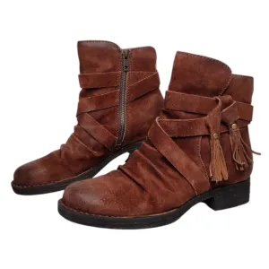 Born Eton Brown Suede Boho Distressed Zipper Tassel Cross Straps Ankle Boots Sz7