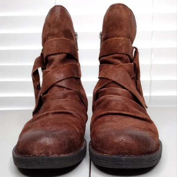 Born Eton Brown Suede Boho Distressed Zipper Tassel Cross Straps Ankle Boots Sz7
